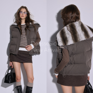 Deessesicile LP茶棕色龙猫纹獭兔毛大翻领鹅绒背心外套羽绒马甲