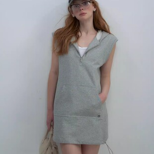 DeesseSicile灰色连帽半拉链袋鼠兜卫衣裙运动休闲风背心裙连衣裙