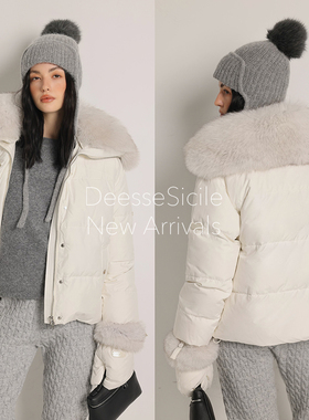 Deessesicile白色狐狸毛翻领鹅绒外套减龄轻奢配手套短款羽绒服女