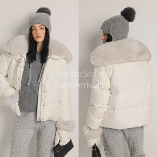 Deessesicile白色狐狸毛翻领鹅绒外套减龄轻奢配手套短款 羽绒服女