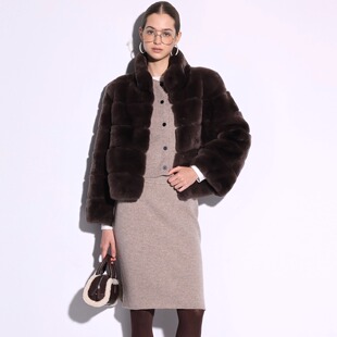 Deessesicile巧克力丝绒光泽獭兔毛复古摩登时髦立领短款 皮草外套