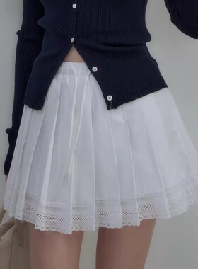 DeesseSicile 漫女高校甜美风白色下摆镂空钩花百褶裙A字半身裙女