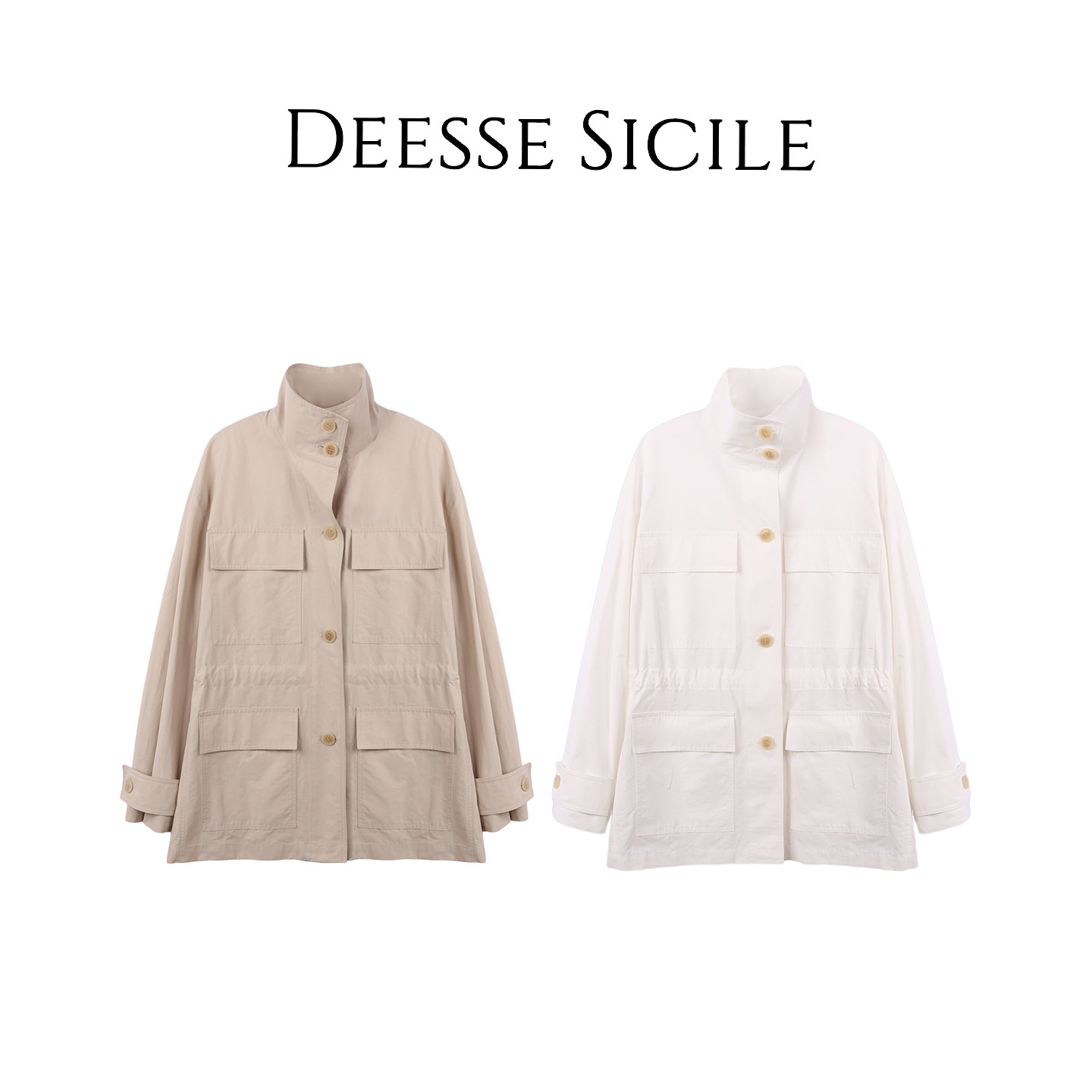 Deessesicile1松弛都市立领多口袋风衣外套工装防晒抽绳夹克上衣