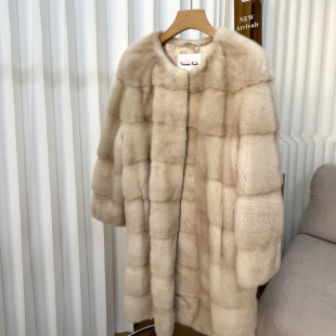 Deessesicile高奢水貂毛米黄本色横排圆领长款 皮草大衣外套