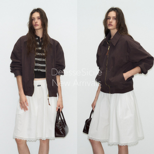 DeesseSicile深咖可露丽巴恩风纯色短款 复古夹克宽松休闲翻领外套