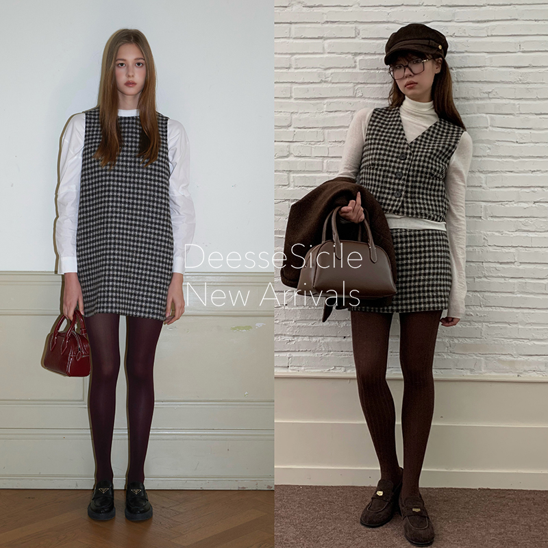 Deessesicile时髦格式黑白格子通勤小香风马甲短裙A字背心裙套装