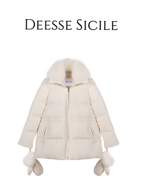 Deessesicile YS奢华白色狐狸毛翻领手套款中长款羽绒服90鹅绒女