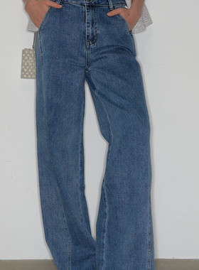 DeesseSicile不羁丹宁深蓝色双侧缝直筒阔腿牛仔裤松弛感休闲裤女