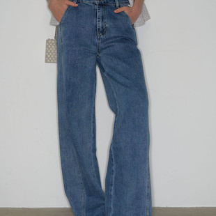 DeesseSicile不羁丹宁深蓝色双侧缝直筒阔腿牛仔裤 女 松弛感休闲裤