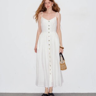 DeesseSicile 贝壳扣度假风吊带连衣裙 盛夏小白裙100生态亚麻法式