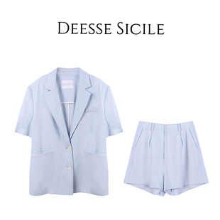 Deessesicile 1轻氧极简通勤风短袖棉麻西服外套薄款高腰短裤套装