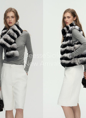Deessesicile 黑白龙猫色獭兔毛复古时髦保暖皮草冬季围巾马甲女