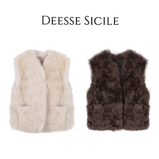 Deessesicile轻奢时髦小湖羊皮毛一体背心外套柔软V领皮草马甲女