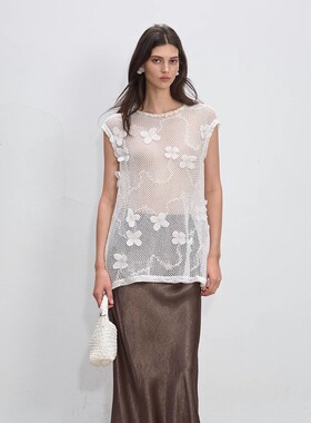 DeesseSicile白色沙滩度假风镂空花朵透视针织背心夏季无袖上衣女