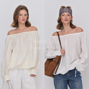 素净极简一字领女上衣 衬衫 Deessesicile法式 温柔风苎麻天丝泡泡袖