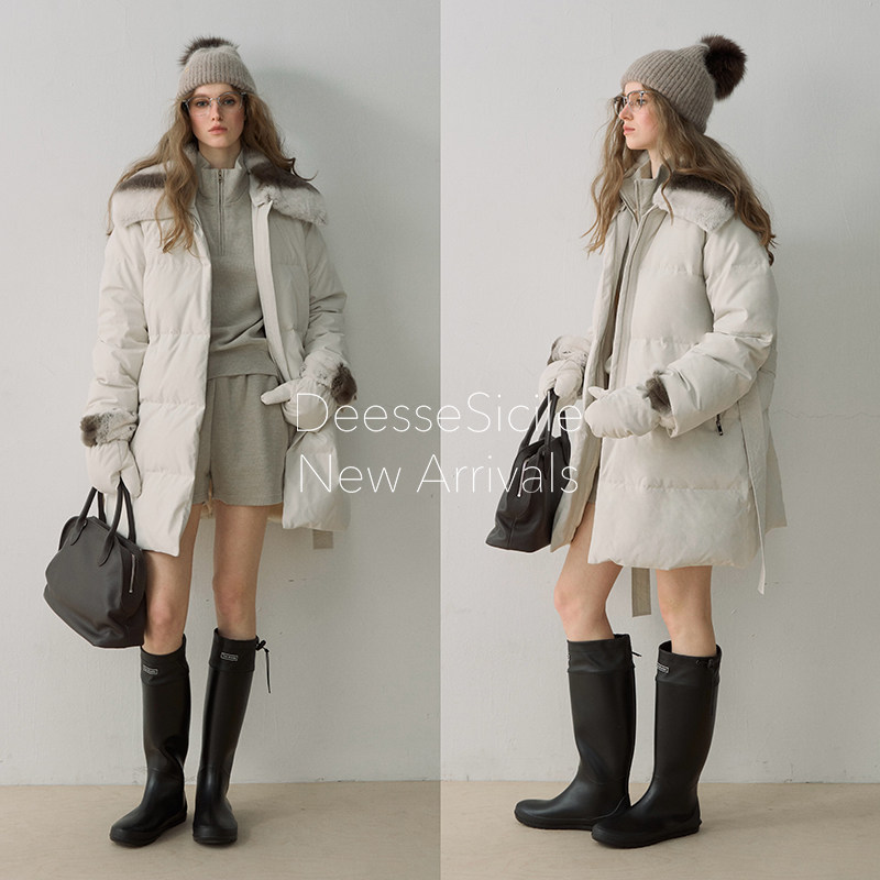 DeesseSicile210G高充绒保暖赠手套獭兔毛领系带收腰鹅绒服外套女