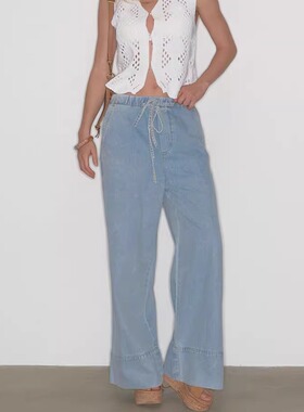 DeesseSicile 潇洒牛仔裤浅蓝色松紧腰抽绳系带宽松直筒阔腿裤女