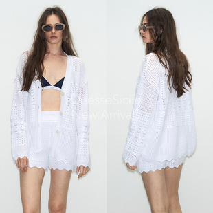 DeesseSicile 白色莫瑞系两件套镂空时尚减龄针织开衫短裤套装女