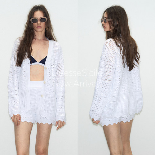 白色镂空针织开衫短款套装