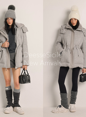 Deessesicile高级灰水貂绵羊皮拼接连帽鹅绒外套抽绳中长款羽绒服