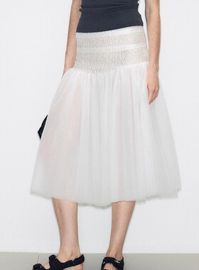 DeesseSicile设计感白色网纱褶皱花苞裙高腰珠光蓬蓬A字半身裙女