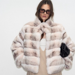 Deessesicile淡雅系奶油龙猫色獭兔毛皮草保暖洋气立领短款外套女