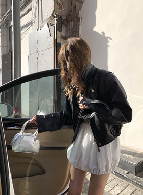 Deessesicile美式复古机车pu皮衣黑色宽肩短款收腰皮夹克外套