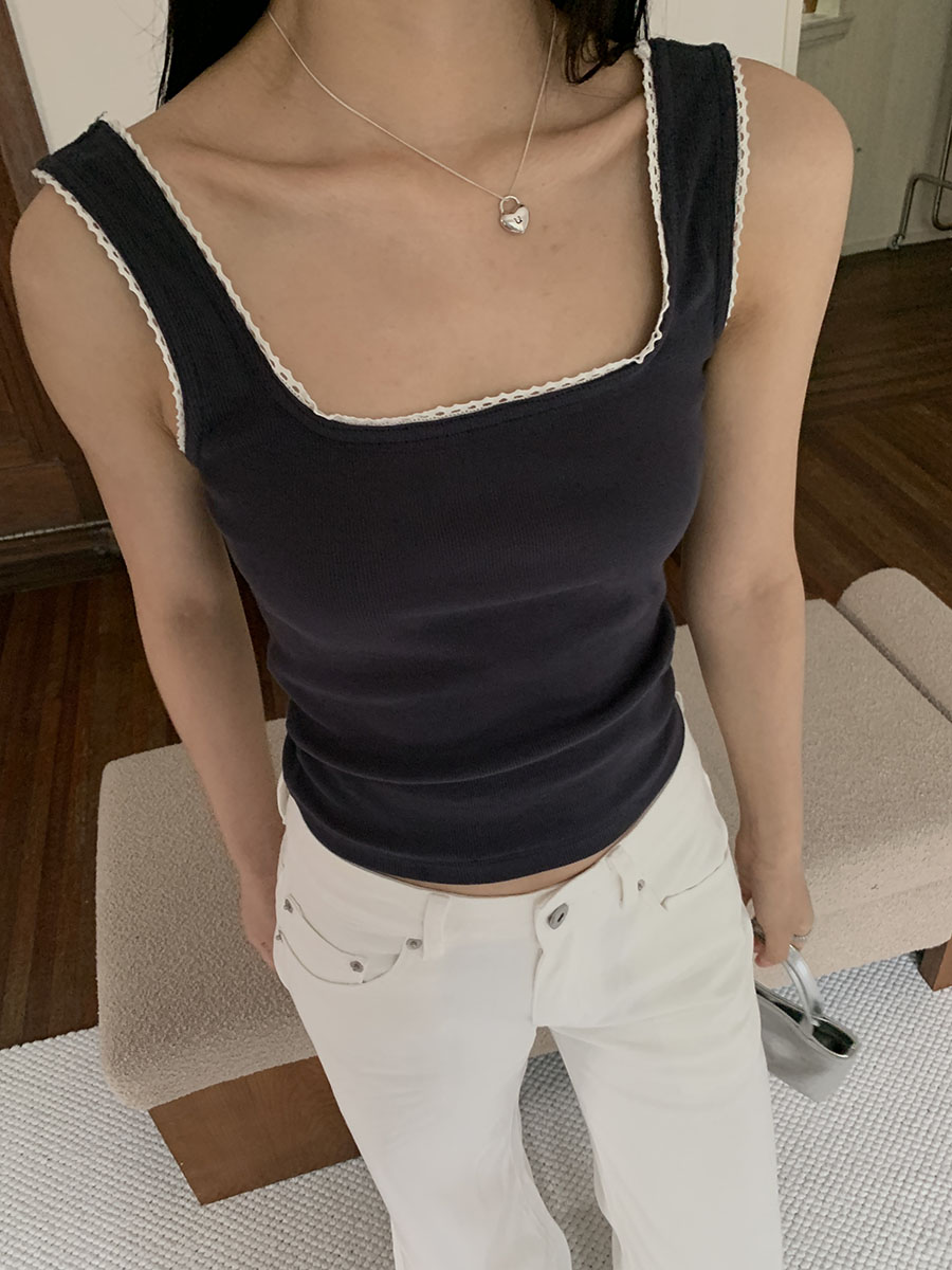 法式钩花方领针织背心