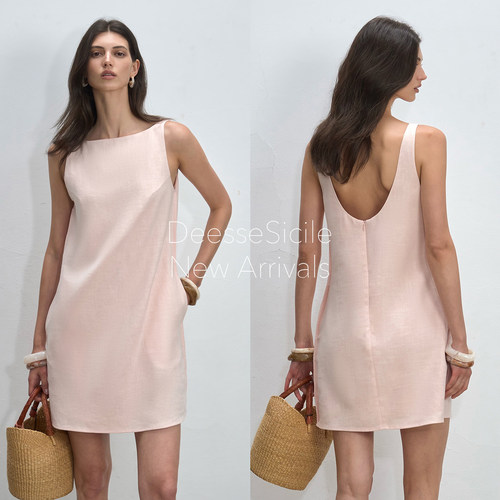 粉色亚麻露背背心连衣裙
