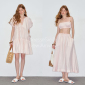 系列泡泡袖 DeesseSicile 粉色100%亚麻亲子度假风套装 V领连衣裙女