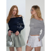 显瘦气质长袖 DeesseSicile一字领露肩针织衫 女开春穿搭修身 上衣女