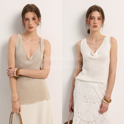 法式镂空粗针织荡领背心吊带