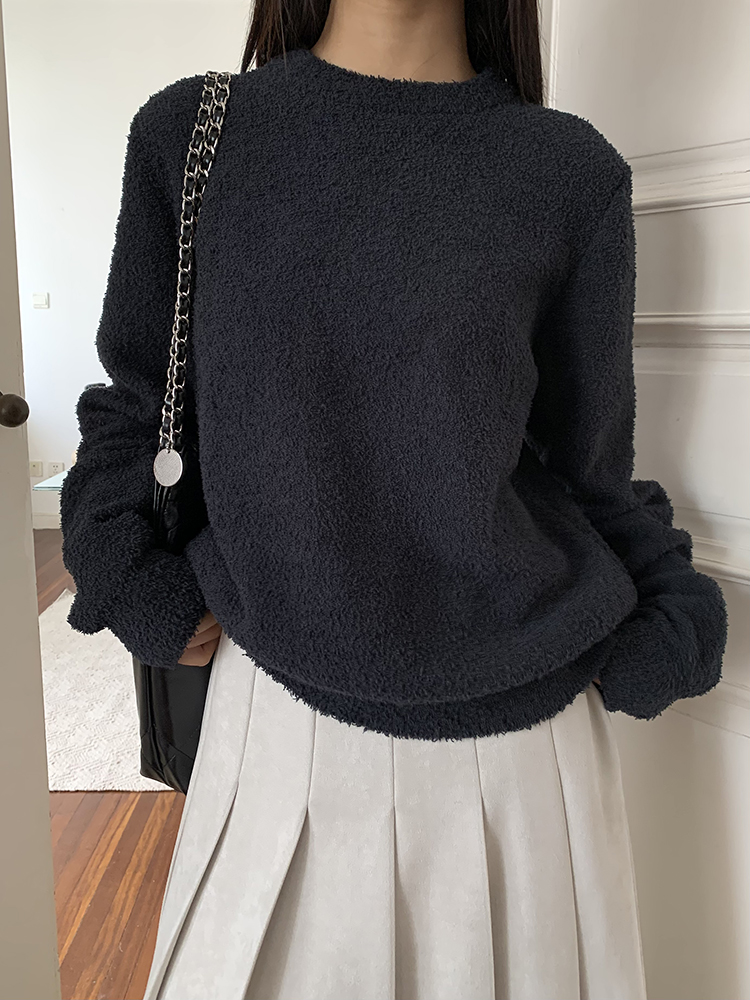 慵懒风颗粒感宽松羊毛圆领毛衣