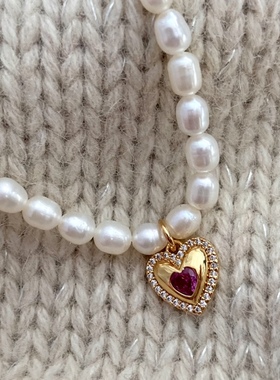 法式复古爱心宝石珍珠项链淡水米粒珍珠玫红镶钻轻奢锁骨链可叠戴
