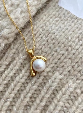 韩国S925纯银倒J型珍珠项链小众设计锁骨链毛衣链