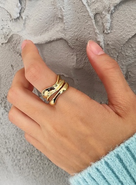 清仓925纯银不规则双层戒指金色银色小众设计ins风银饰百搭指环女