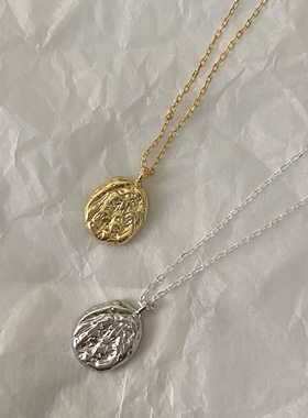 折-日韩925纯银纹理圆形项链简约小众不规则圆饼毛衣链银色银饰