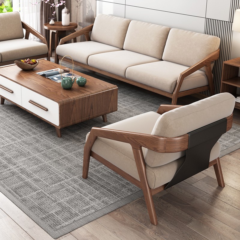 北欧实木沙发小户型新中式客厅原木双三人白蜡木布艺沙发整装组合
