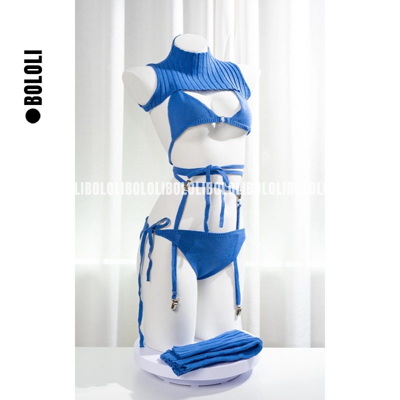 日系蓝色秋冬毛衣内衣套装镂空绑带针织衣比基尼cos拍摄会