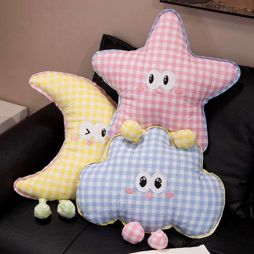卡通星星月亮云朵抱枕泡泡格子布沙发靠垫办公室午睡枕宿舍装饰女