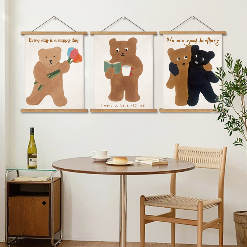 ins韩风小熊挂布装饰画卧室餐厅手绘卡通可爱小狗背景墙装饰挂画图片
