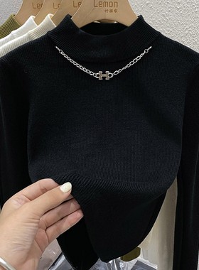 2025秋季毛衣女加厚设计感小众黑色内搭半高领打底衫羊绒针织上衣