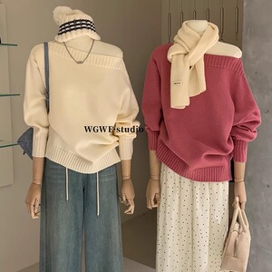2024秋冬一字领斜肩毛衣女高级感宽松休闲洋气露肩针织衫长袖上衣