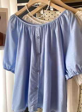 复古棉麻蓝色短袖衬衫女夏季宽松显瘦气质衬衣法式圆领娃娃衫上衣