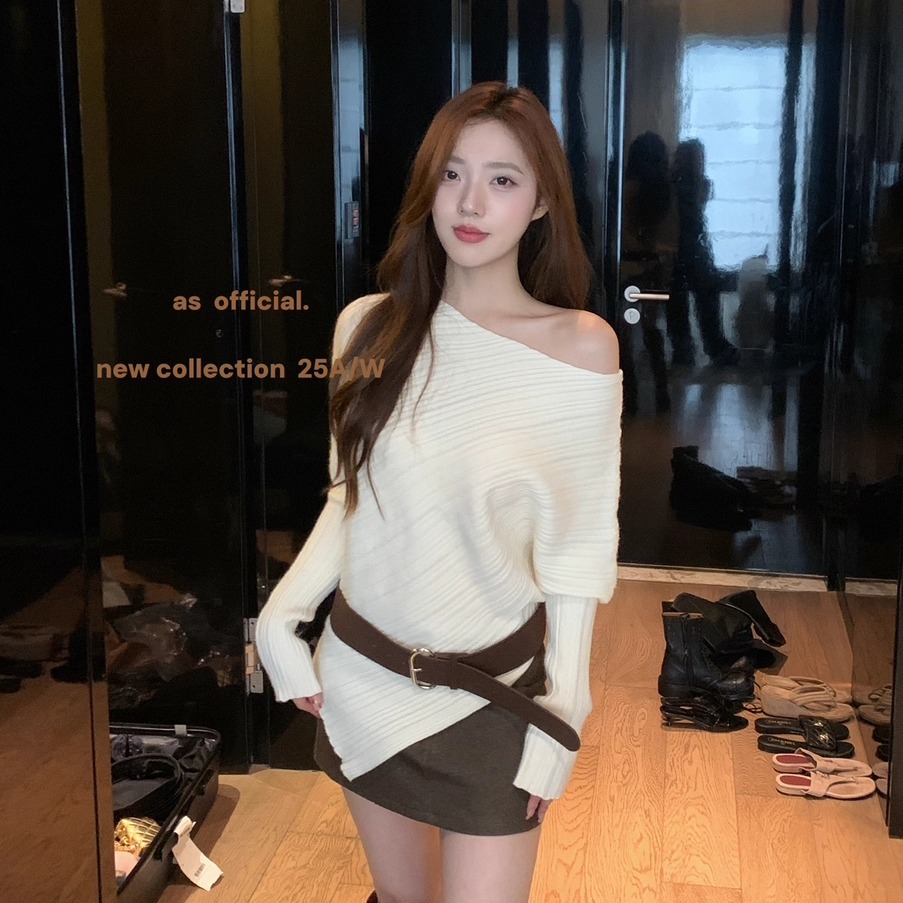 不规则下摆长袖针织衫一字肩毛衣