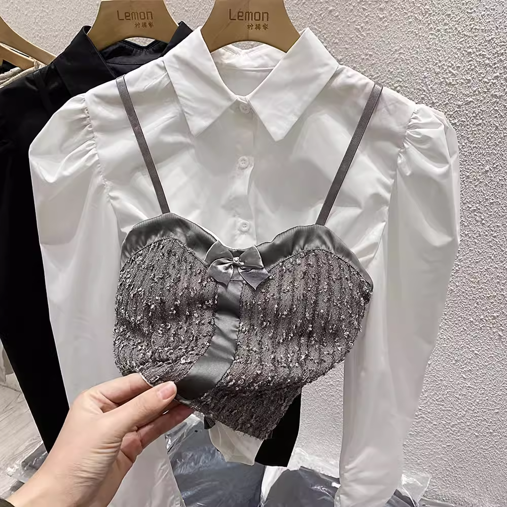 吊带两件套上衣女黑色衬衫