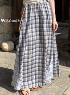 2025早春蓝色格纹半身裙女设计感小众撞色拼接高腰垂坠感A字长裙