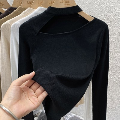 打底衫女设计感小众挂脖针织衫