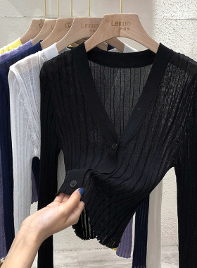 2025早春开衫薄款女V领冰丝针织衫防晒上衣白色修身外搭长袖外套