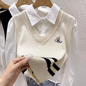 2023秋冬长袖衬衫女设计感小众短款学院风假两件衬衣针织马甲上衣